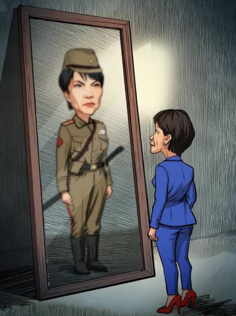 國官媒《新華社》PO出高市早苗照鏡子出現軍裝照，諷刺她踏上軍國主義。（圖／翻攝自X平台 @中國 新華社 日本語）