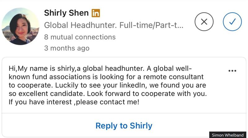 英國保守黨議員歐布萊恩的研究員惠爾班德三個月前就曾收到「Shirly Shen」寄出的訊息，並稱訊息的英文再好一點，他就可能會上當。（圖／翻攝畫面）