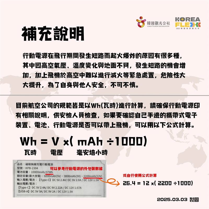 韓國針對行動電源帶上機在今年3月開始實施新規定。（圖／翻攝自韓國觀光公社台北支社臉書）