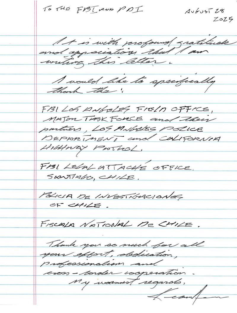 FBI洛杉磯辦公室近日於X上公開基努李維的親筆感謝信。（圖／翻攝自X @FBILosAngeles）
