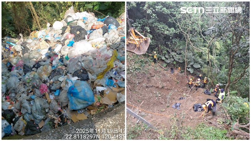 「月世界」遭人傾倒數十噸垃圾，才清完不到一天，附近高41線道也淪陷，清理前後對比照驚人。（圖／翻攝畫面）