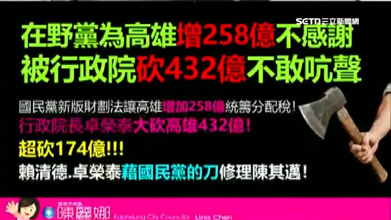 國民黨議員陳麗娜19日質詢市長陳其邁時，質疑高雄市被砍預算，是中央故意要修理陳其邁「拿國民黨的刀來砍陳其邁」