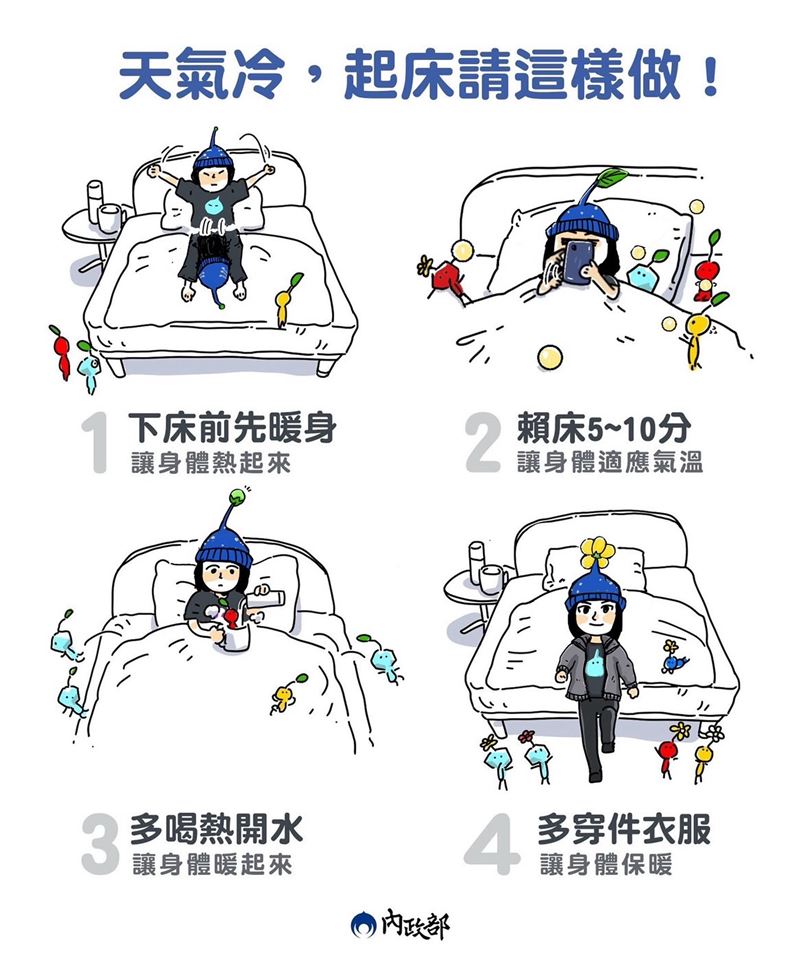 內政部教天冷起床4步驟。（圖／翻攝自內政部臉書）