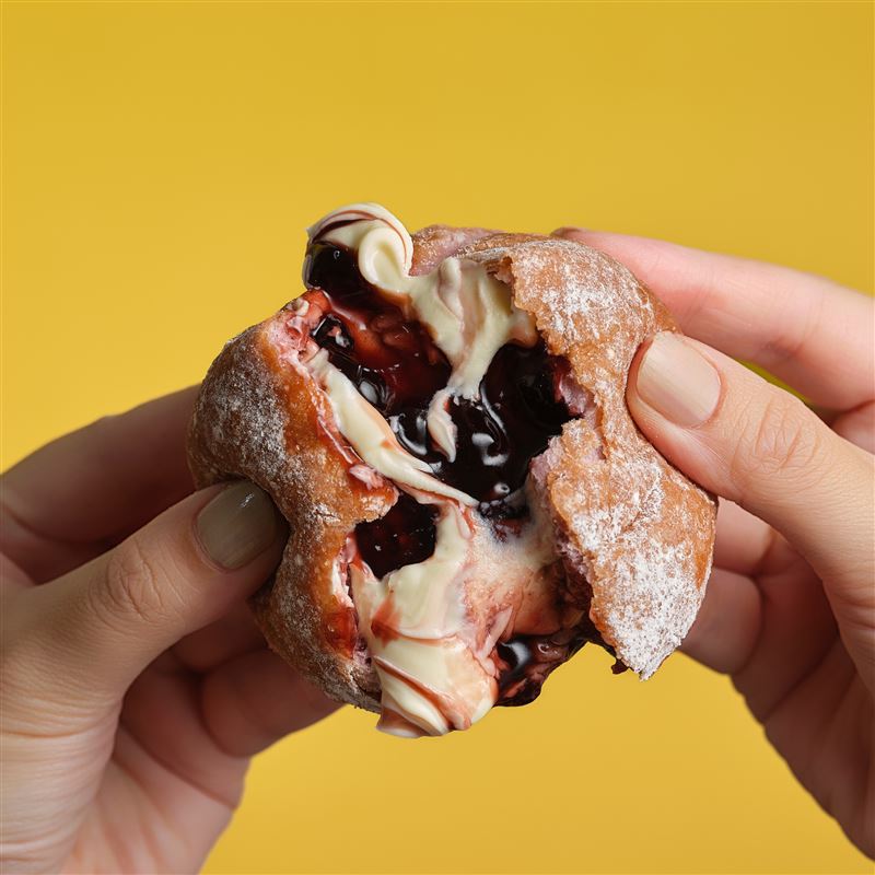 拉亞漢堡再度顛覆早餐想像，推出爆漿「藍莓乳酪生甜甜圈」與「草莓煉乳生甜甜圈」，攻佔社群版面。（圖／品牌業者提供）
