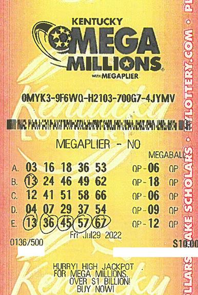 美國有位幸運兒買「超級百萬」彩券，6個號碼全中了，拿下9億8000萬美元的獎金。圖非當事中獎彩券。（示意圖／翻攝自Mega Millions官網）