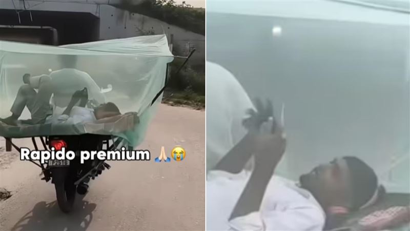 在印度一條鄉間小路上，民眾拍下男子橫躺在摩托車後面，翹著腳看起來相當愜意。（圖／翻攝自IG@4.log.kya.bolenge）