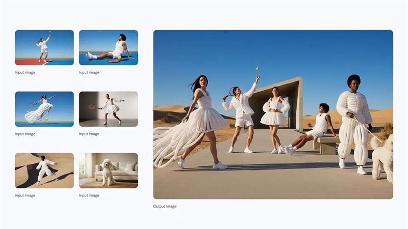 一張以沙漠為背景的高級時尚大片，維持6張輸入照片中人物的一致性與相似度