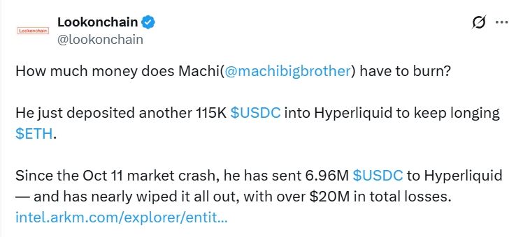 黃立成加密貨幣帳戶遭「完全清算」，全部損失高達2,023萬美元（約新台幣6.58億元）。（圖／翻攝自Lookonchain X）