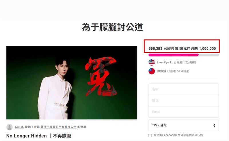 截至11月23日為止，已有超過69萬名網友參與「為于朦朧討公道」連署。（圖／翻攝自Avaaz網站）