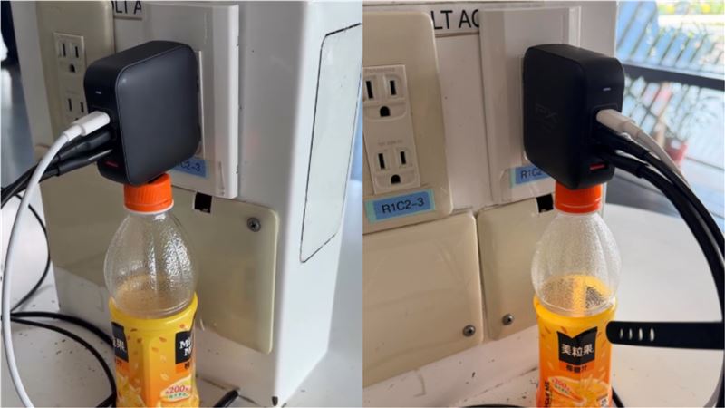 機場插座下被放了一個寶特瓶，妙用曝光。（圖／取自threads）