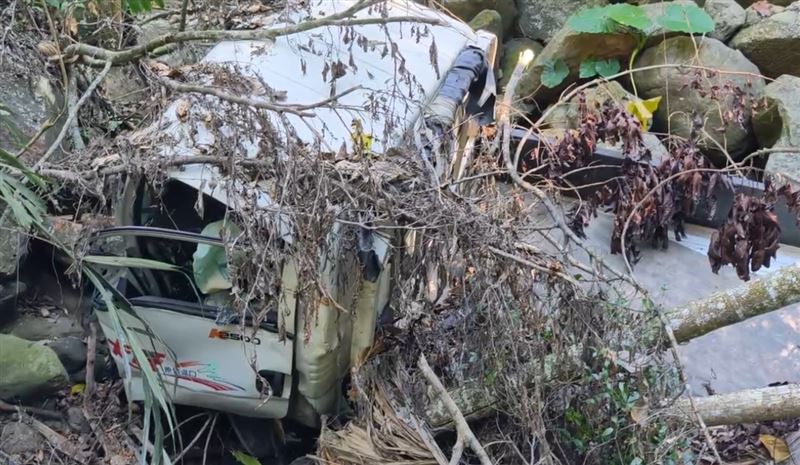 車輛墜落在10公尺深的山谷，駕駛已明顯死亡，呈現乾屍狀態。（圖／翻攝畫面）