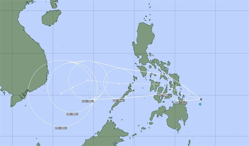 準天琴目前位於菲律賓東南方海域，預計這兩天穿越菲律賓。（圖／翻攝自台灣颱風論壇｜天氣特急）