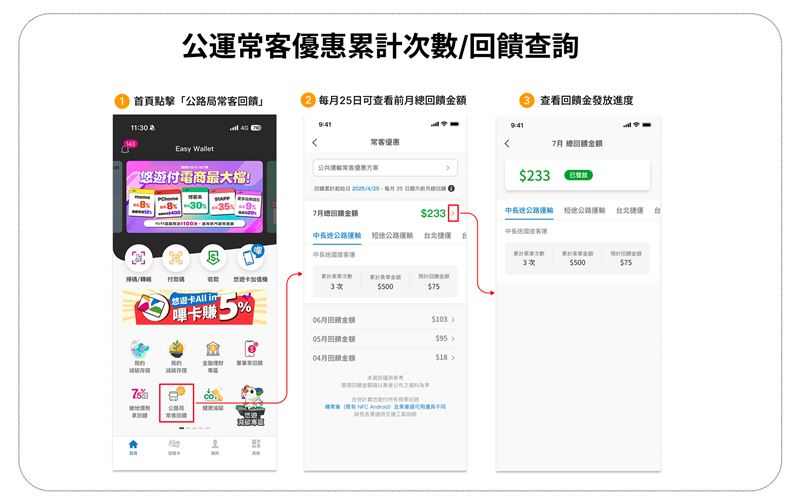 「TPASS 2.0 PLUS公共運輸常客優惠」累計次數及回饋查詢教學。（圖／悠遊卡公司 ）