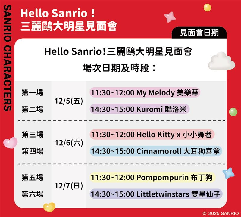 三麗鷗大明星見面會日期＆時段。（圖／品牌業者提供）