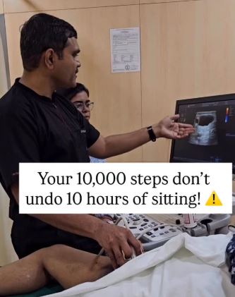血管外科醫生提出，久坐10小時對雙腳靜脈的傷害，無法靠之後多走1萬步補回。（圖／翻攝自IG@drsumitkapadia）