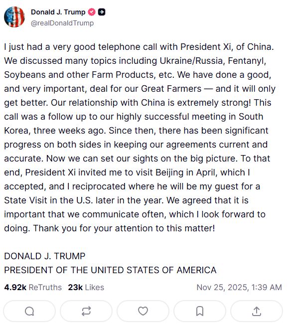 川普表示，明年4月將訪問北京，發文中並未提及台灣。（圖／翻攝自真實社群平台）