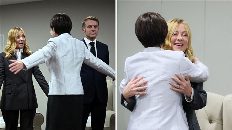 高市早苗在峰會上與義大利總理梅洛尼眼神接觸後，她便一邊喊著「梅洛尼！」一邊快步上前擁抱的她。（圖／翻攝自X平台 @GiordanoSottosa）