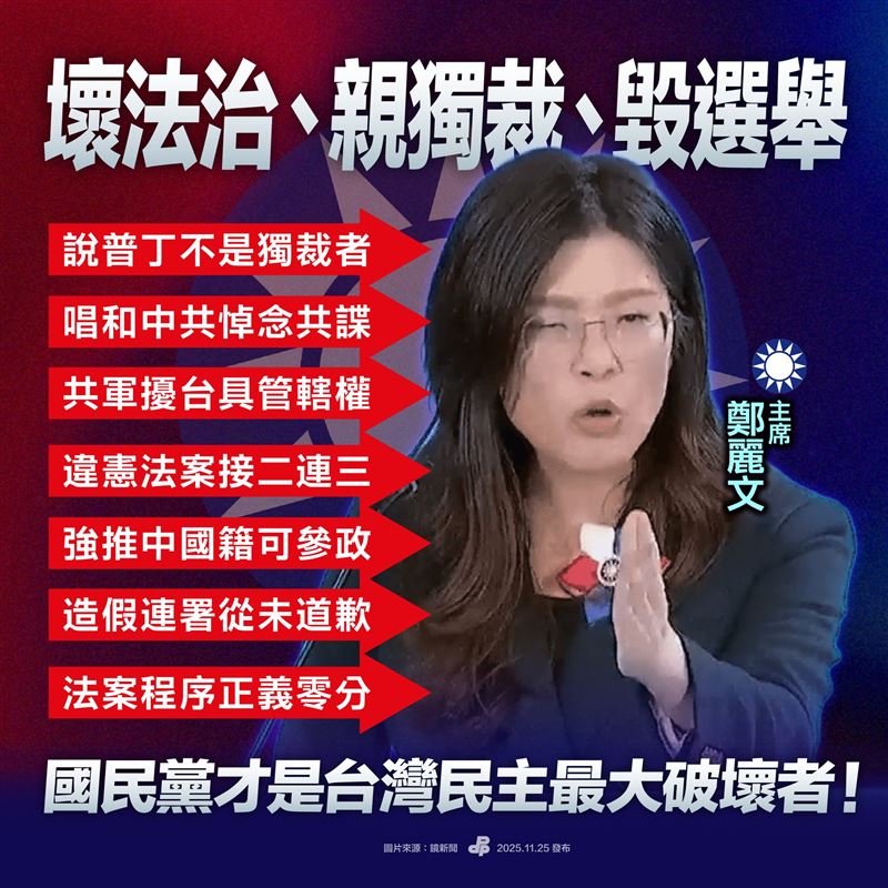 民進黨痛批國民黨壞法治、親獨裁、毀選舉，才是台灣民主最大破壞者（圖／翻攝自民進黨臉書）