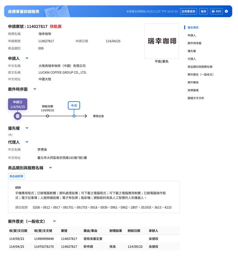 瑞幸咖啡於今年4月25日向經濟部智慧財產局申請商標,申請人為「大陸商瑞幸咖啡(中國)有限公司」,9月22日獲核准通過。(圖/翻攝自經濟部智慧財產局網站)