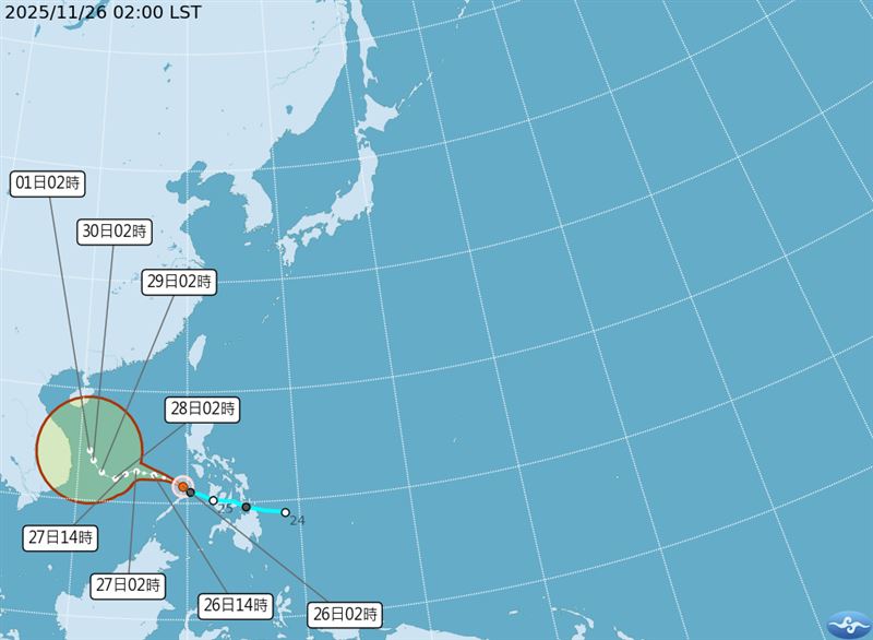 天琴颱風最新路徑預測，持續西進不侵台。（圖／中央氣象署）