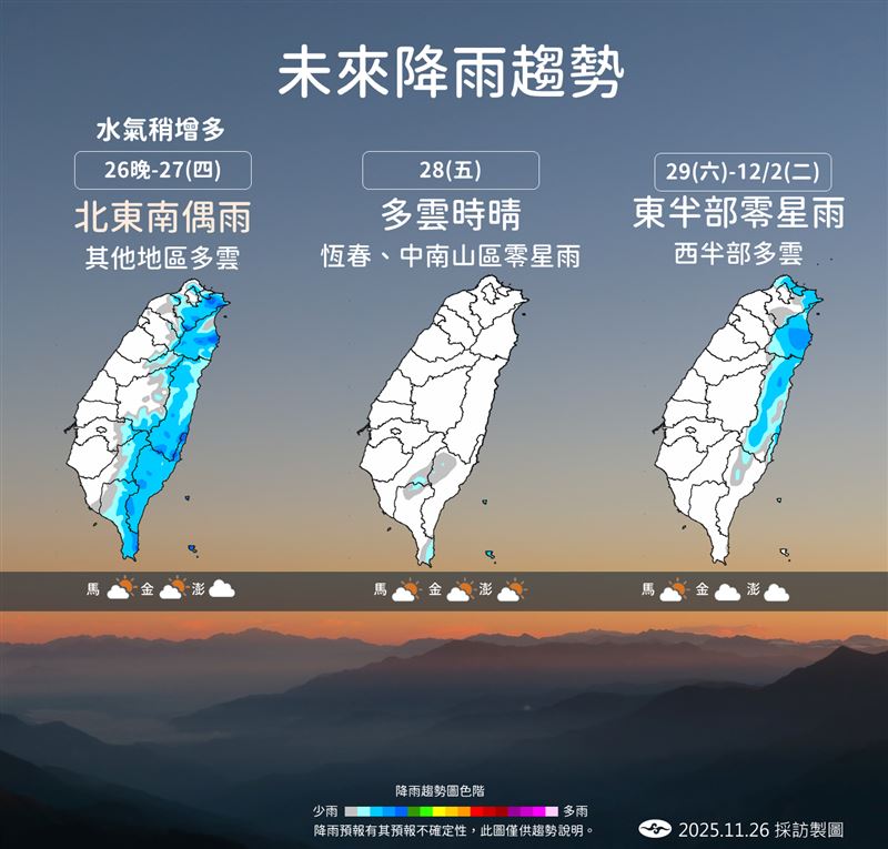 今晚到明日大台北、東半部及恆春半島有短暫陣雨機會。（圖／氣象署提供）