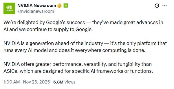 輝達恭賀Google。（圖／翻攝自X平台@nvidianewsroom）