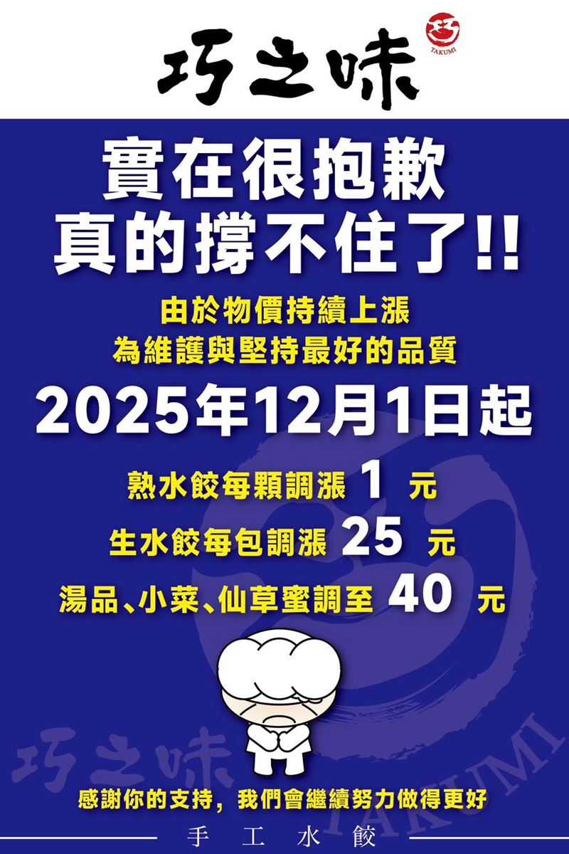 巧之味手工水餃因不堪負荷原物料上漲，決定12月1日起調整價格。（圖／翻攝自巧之味手工水餃臉書)
