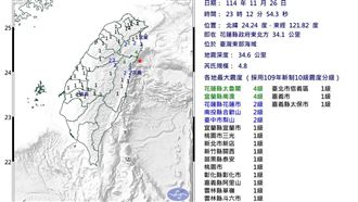 23:12東部海域規模4.8地震，最大震度4級。（圖／中央氣象署）