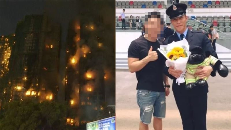 香港大火至少13人喪命，其中一名死者為37歲的消防員何偉豪（右），其同袍在社群發文悼念。（圖／翻攝畫面、Threads）