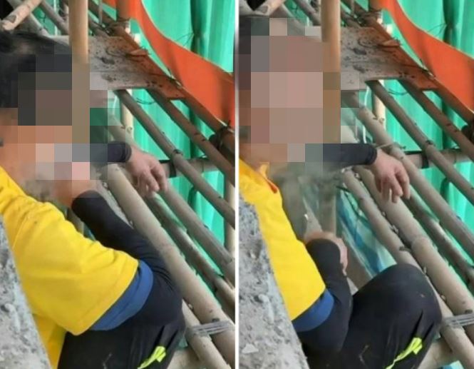 網路上瘋傳一段影片，工人在鷹架防護網內抽菸，並未證實拍攝地點是否為大埔宏福苑社區。（圖／翻攝自香港01）