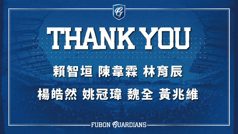 富邦悍將確定釋出賴智垣、陳韋霖、林育辰、楊皓然、姚冠瑋、魏全、黃兆維7位球員。（圖／富邦悍將球團提供）