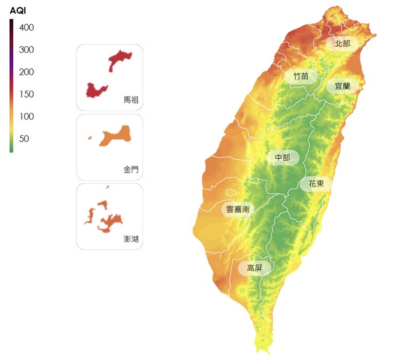 受境外空汙影響，部分地區空品達紅色警示等級。（圖／取自環境部）