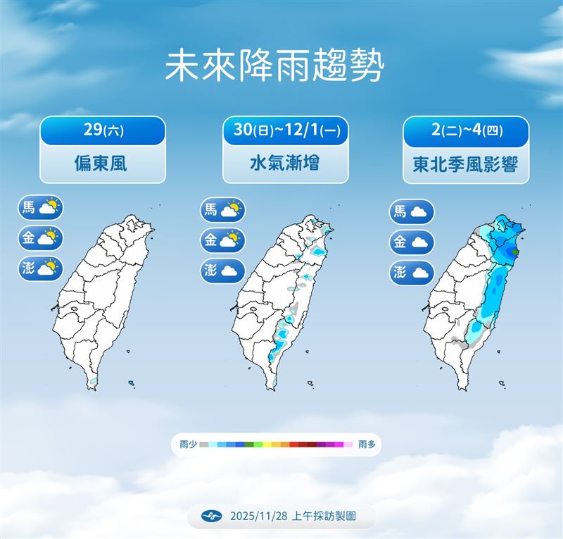 下週二又有一波東北季風報到，水氣增多轉涼。（圖／氣象署提供）