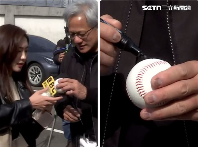 記者從包包拿出棒球要求簽名，黃仁勳再次展現對台灣記者的親和力，耐心地一個一個簽完後才轉身離開。（圖／三立新聞）