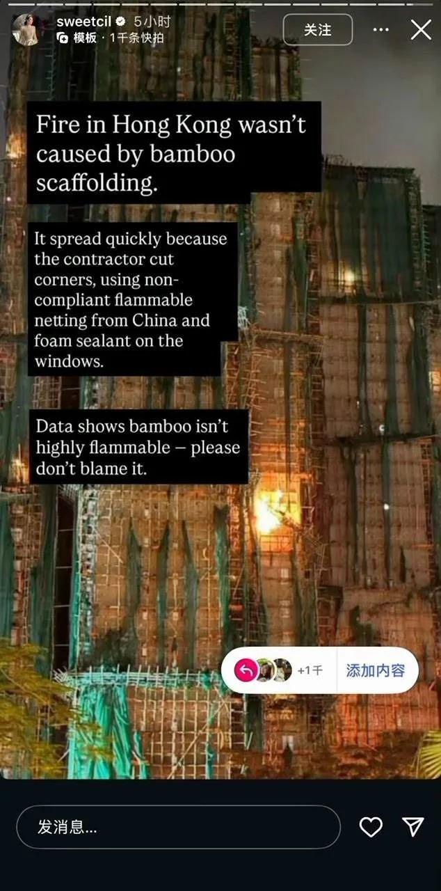 汪詩詩寫道：「火勢迅速蔓延的主要原因，在於承包商偷工減料，使用了不符合標準的中國易燃防護網。」（圖／翻攝自汪詩詩IG）