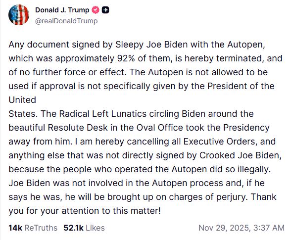 拜登發文。（圖／取自truthsocial）