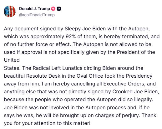 川普稱，拜登任內多達9成以上的官方文件都透過自動簽名機完成。（圖／翻攝自川普的Truth Social）