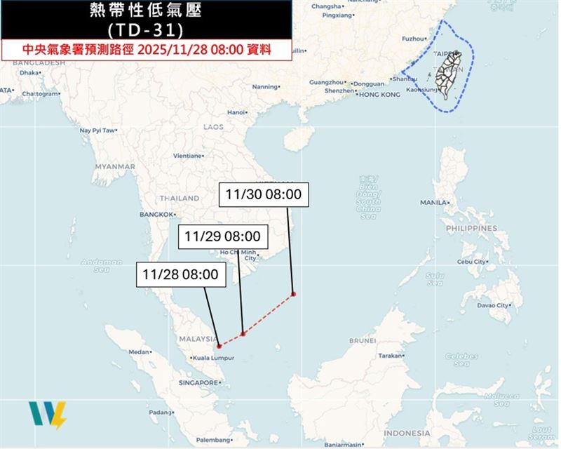 熱帶氣旋「Senyar」，穿過馬來半島進入南海南部，路徑罕見，今（29）晚有機會發展為颱風。（翻攝「天氣職人-吳聖宇」臉書）