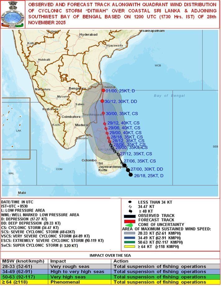 迪特瓦氣旋逐漸遠離斯里蘭卡，並往印度的方向移動。（圖／翻攝自X平台）