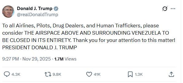 川普宣布委內瑞拉空域以及該國周邊空域將全面關閉。(圖/翻攝自X平台 @realDonaldTrump)