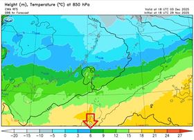 鄭明典說明850百帕高度和溫度預報圖。（圖／鄭明典臉書）