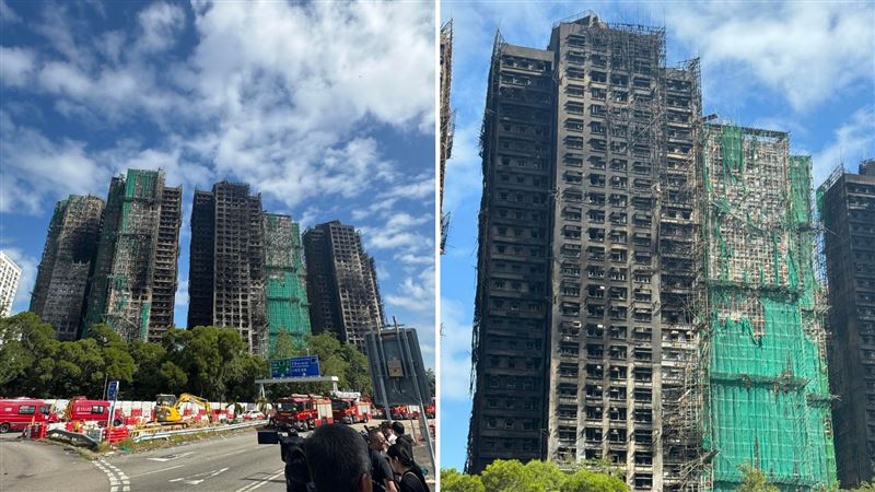 宏福苑大火後，被燒了三天的高樓外牆被燻黑，棚網幾乎被燒光，露出竹棚架。（圖／翻攝自Threads @jsdhk_scuba_diving）