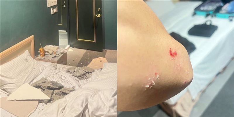 捷適商旅天花板崩落，水泥碎塊直落床頭，男子險遭砸中。（圖／翻攝自爆料公社二社）