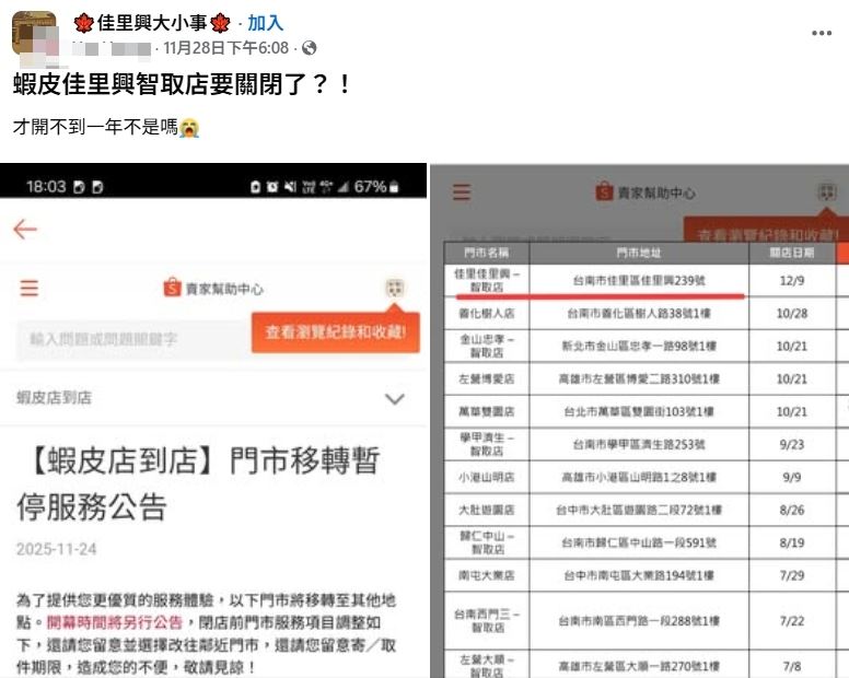 佳里區的蝦皮店到店智取門市被發現是違建，如今要被強制拆除。（圖／翻攝自臉書社團「佳里興大小事」）