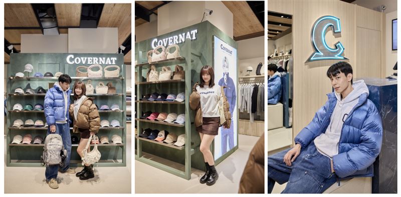 穿搭達人楊懿軒與韓系甜妹紀佑潔，演繹最新韓國都會時尚經典連帽羽絨外套，並搭配經典LOGO棒球帽、C Logo連帽上衣。（圖／品牌業者提供）