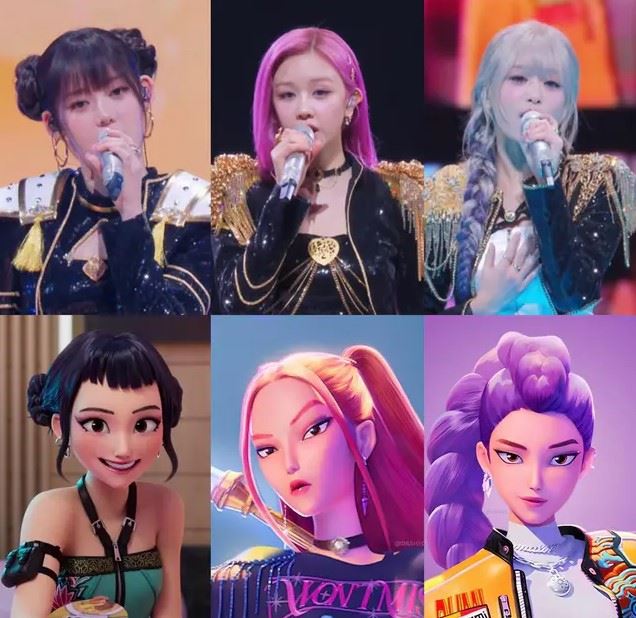 BABYMONSTER團員Rora（上排左起）、Parita、Ahyeon，分別扮演《Kpop獵魔女團》動畫角色Zoey（下排左起）、Mira、Rumi，從髮型、妝容到服裝完美還原設定。（圖／翻攝自Mnet、Netflix）