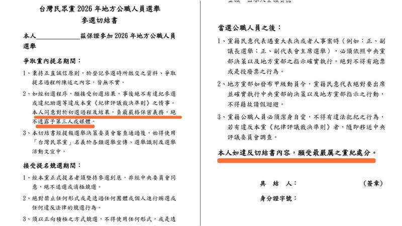 黃光芹揭露，民眾黨要求參選人簽「保密切結書」，明定不得向媒體透露初選消息。（圖／翻攝自黃光芹臉書）