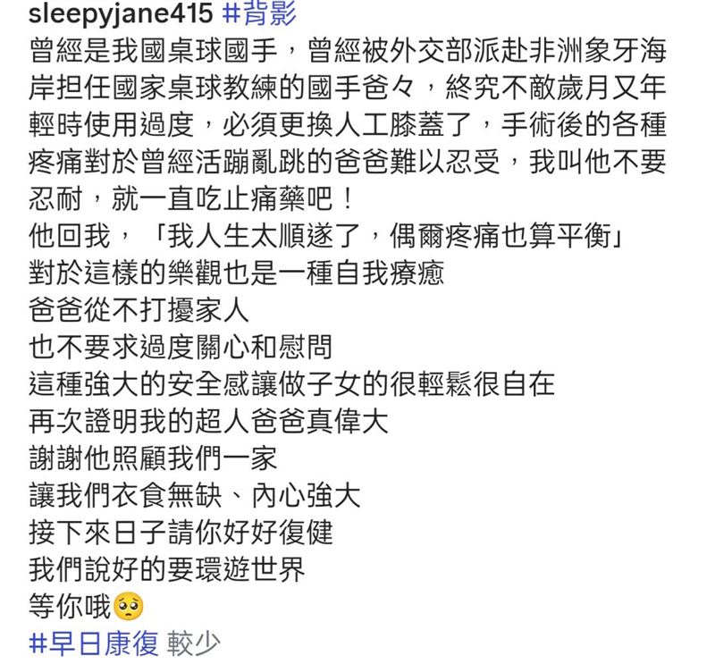 佩甄透露爸爸去換人工關節。（圖／翻攝自IG）