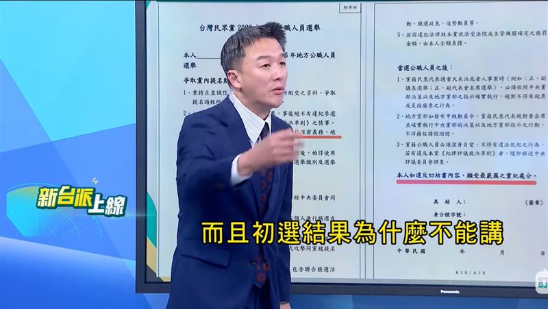 民眾黨初選被要求簽保密條款，李正皓質疑：「不是一直講透明、直播，初選結果為什麼不能講。」（圖／新台派上線）