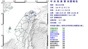 宜蘭10：01規模「4.3地震」，最大震度3級。（圖／中央氣象署）